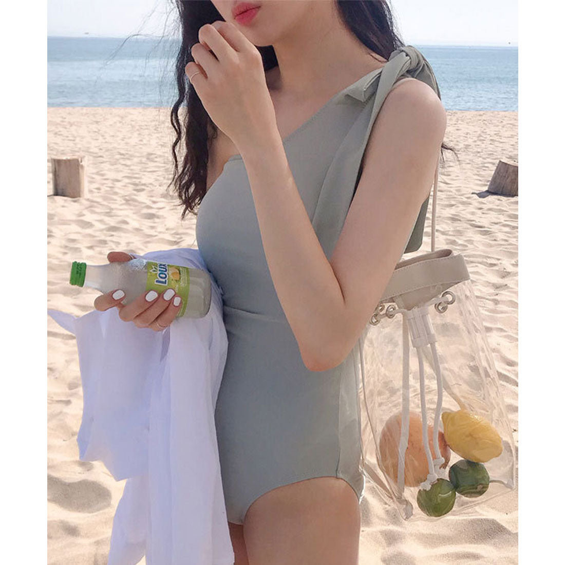 レースレディース Lace Ladies ワンショルダー 肩リボン サイドシャーリング ワンピース 水着 (ブルー) ブルー