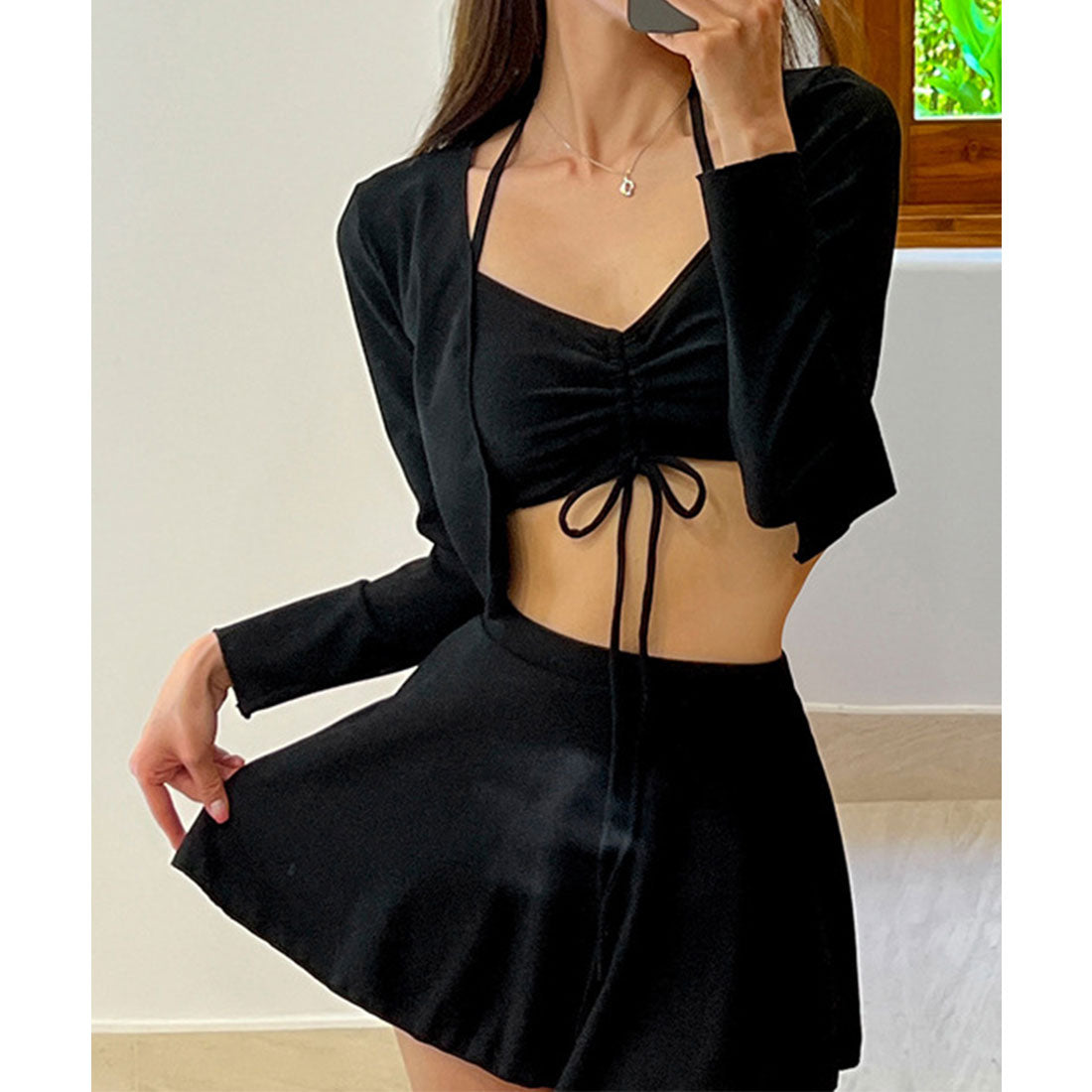 レースレディース Lace Ladies 【3点セット】フロント シャーリング ラッシュガード付き ビキニ 水着 (ブラック) ブラック