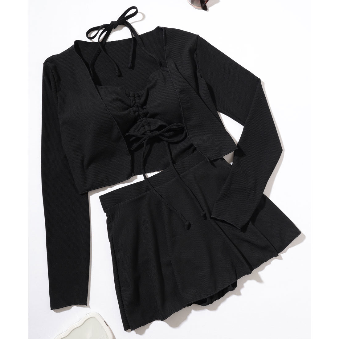 レースレディース Lace Ladies 【3点セット】フロント シャーリング ラッシュガード付き ビキニ 水着 (ブラック) ブラック