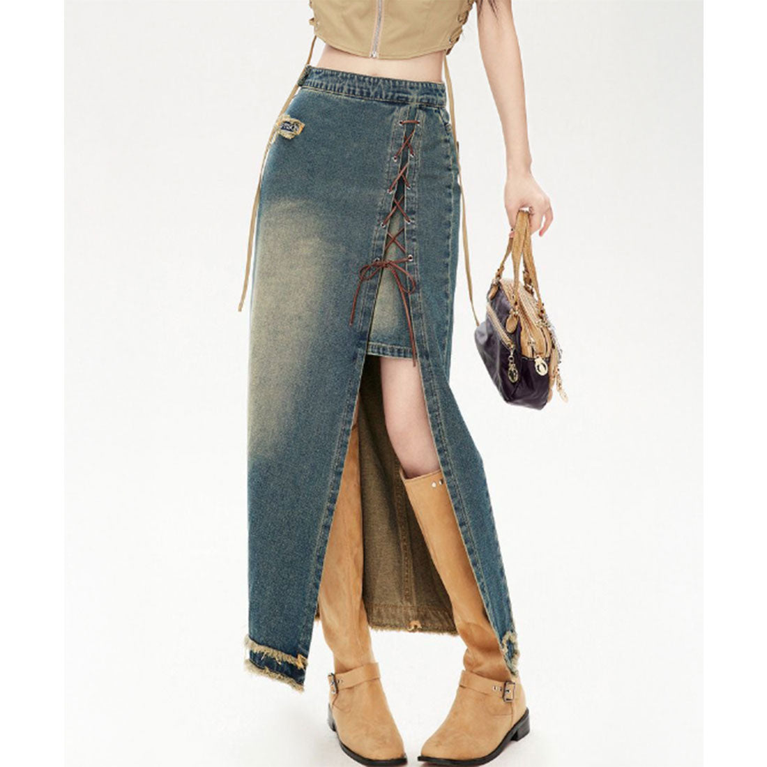 レースレディース Lace Ladies レイヤード風 スリット レースアップ ロング デニム スカート (ブルー) ブルー