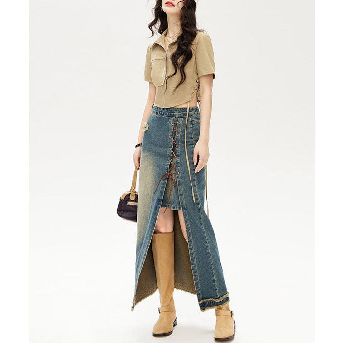 レースレディース Lace Ladies レイヤード風 スリット レースアップ ロング デニム スカート (ブルー) ブルー