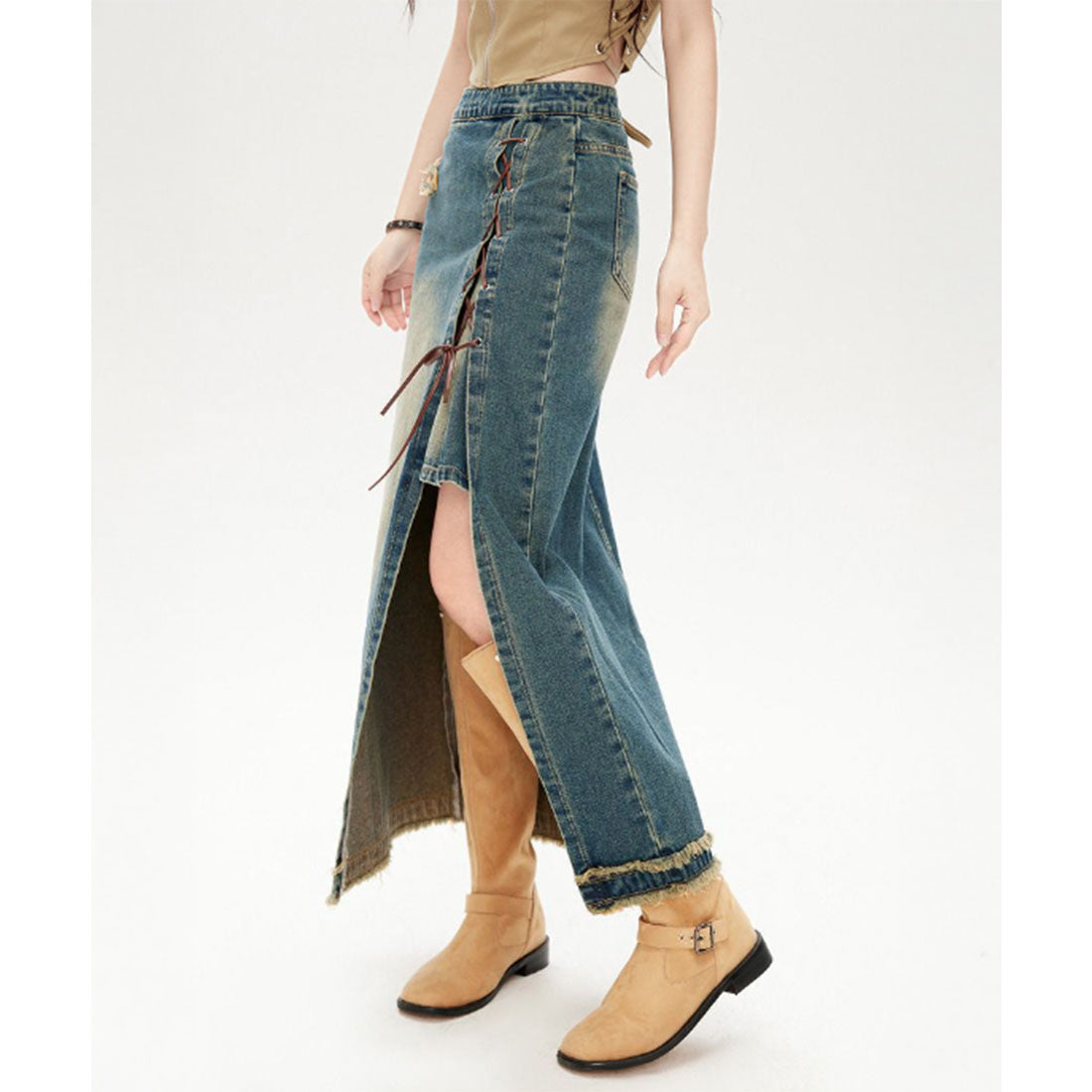 レースレディース Lace Ladies レイヤード風 スリット レースアップ ロング デニム スカート (ブルー) ブルー