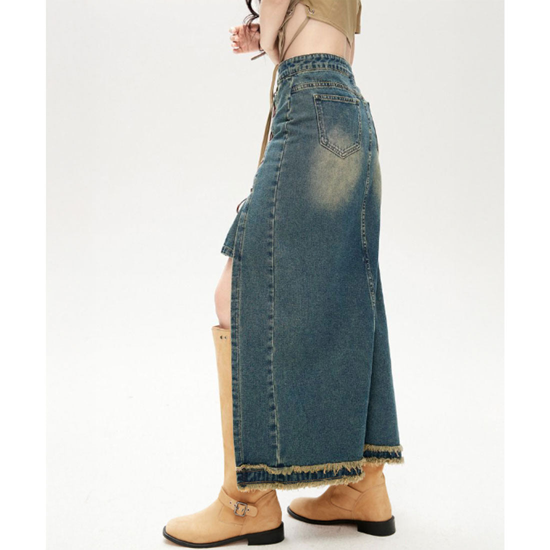 レースレディース Lace Ladies レイヤード風 スリット レースアップ ロング デニム スカート (ブルー) ブルー