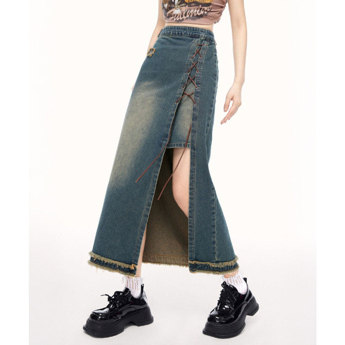 レースレディース Lace Ladies レイヤード風 スリット レースアップ ロング デニム スカート (ブルー) ブルー