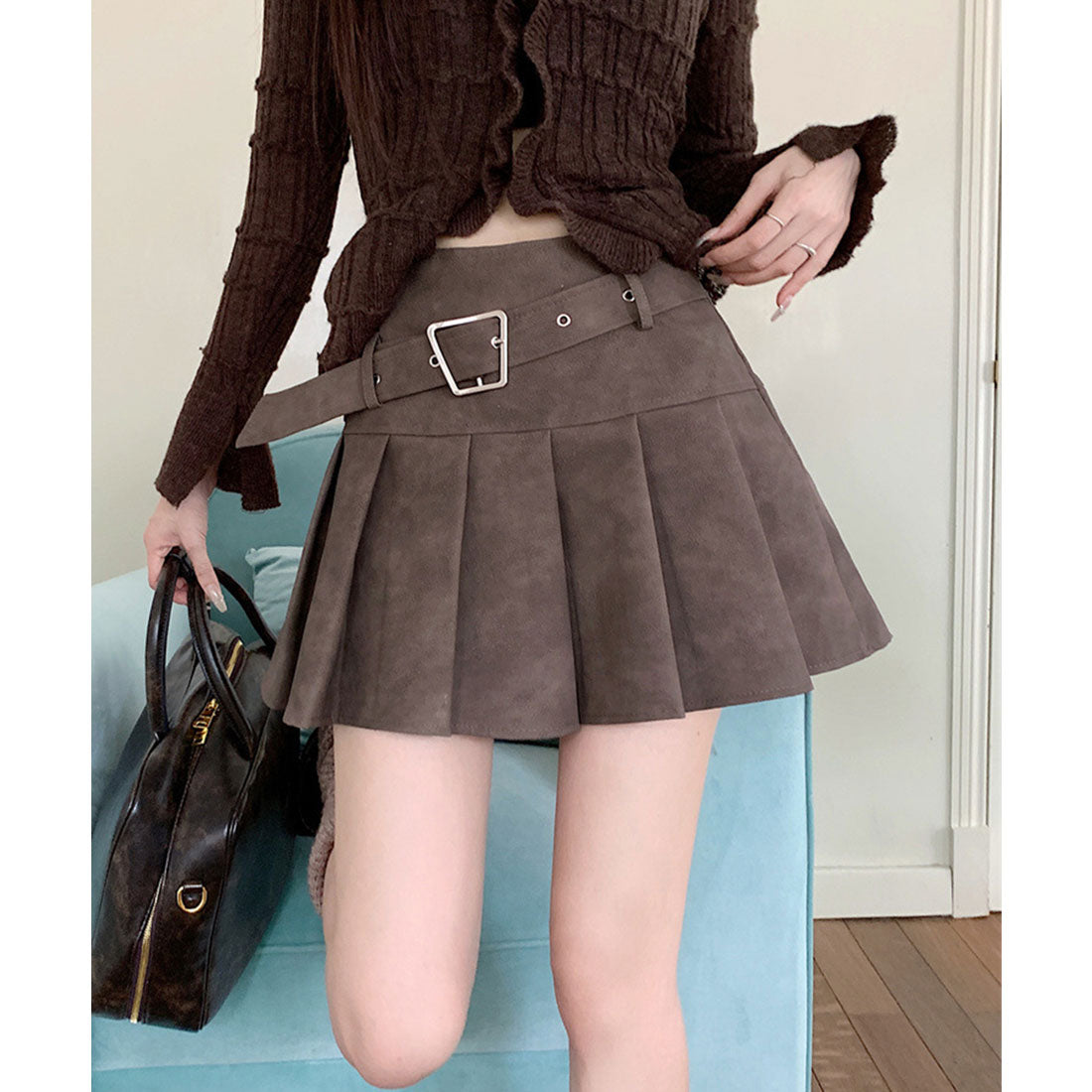 Lace Ladies Leather-like Belted Box Pleated Mini Skirt