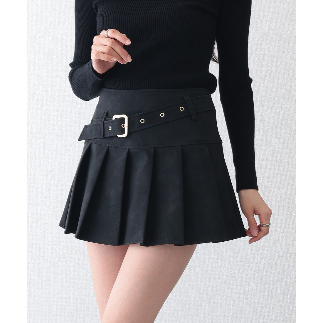 レースレディース Lace Ladies レザー調 ベルト付き ボックス プリーツ ミニ スカート (ブラック) ブラック