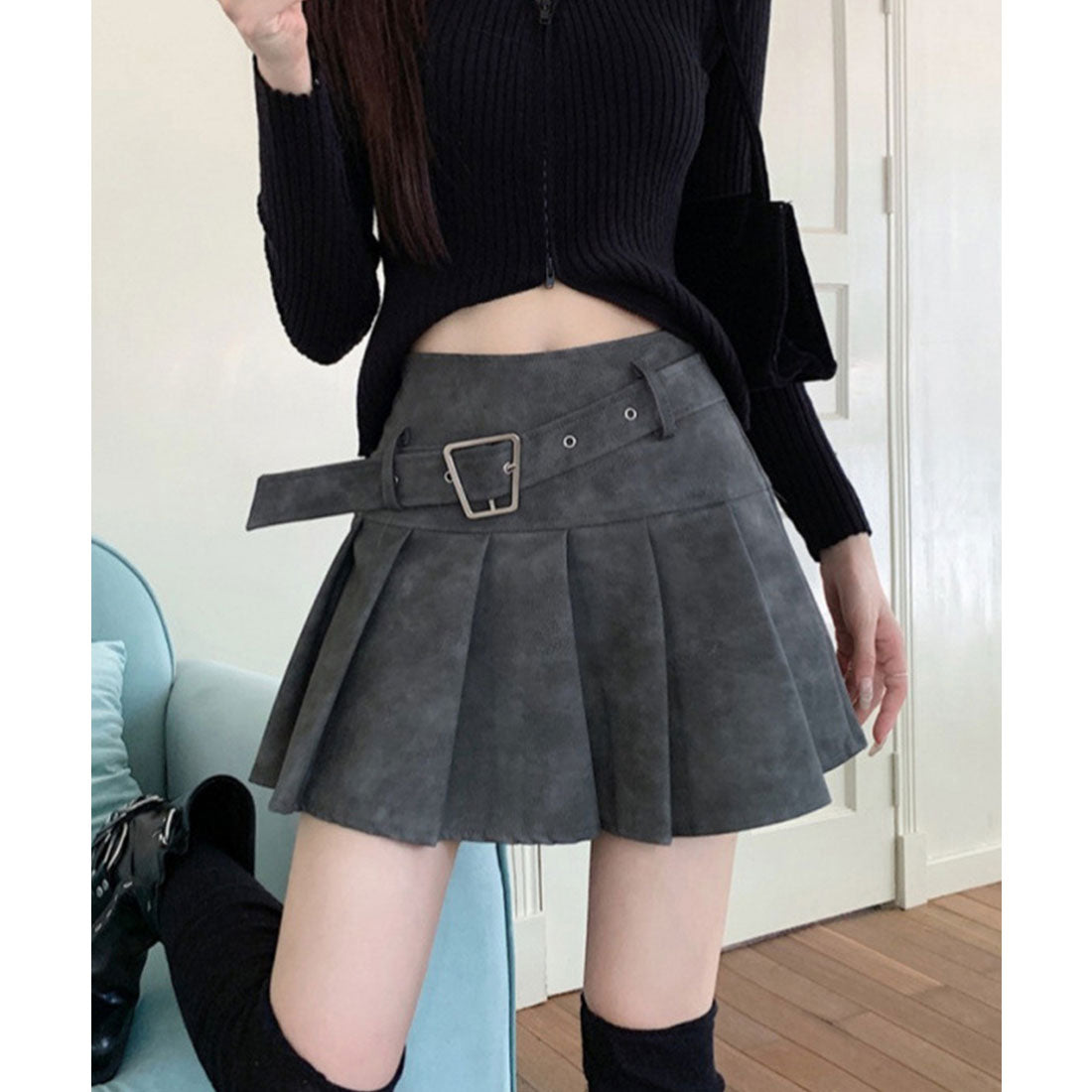 レースレディース Lace Ladies レザー調 ベルト付き ボックス プリーツ ミニ スカート (グレー) グレー