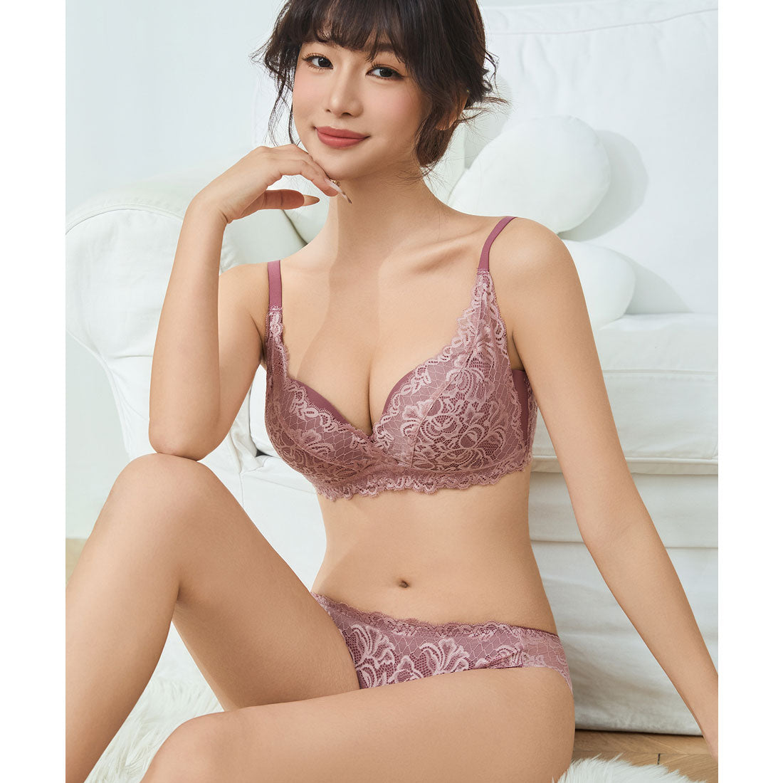 レースレディース Lace Ladies エレガント レース レイヤード ブラジャー&ショーツ セット (ピンク) ピンク