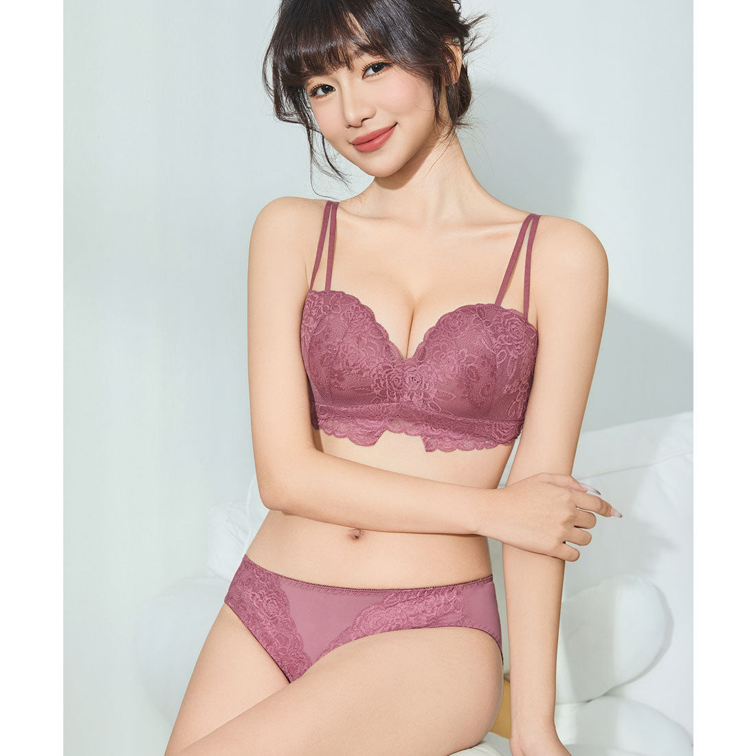 レースレディース Lace Ladies ソリッドカラー バタフライ レース ブラジャー&ショーツ セット (ワインレッド) ワインレッド