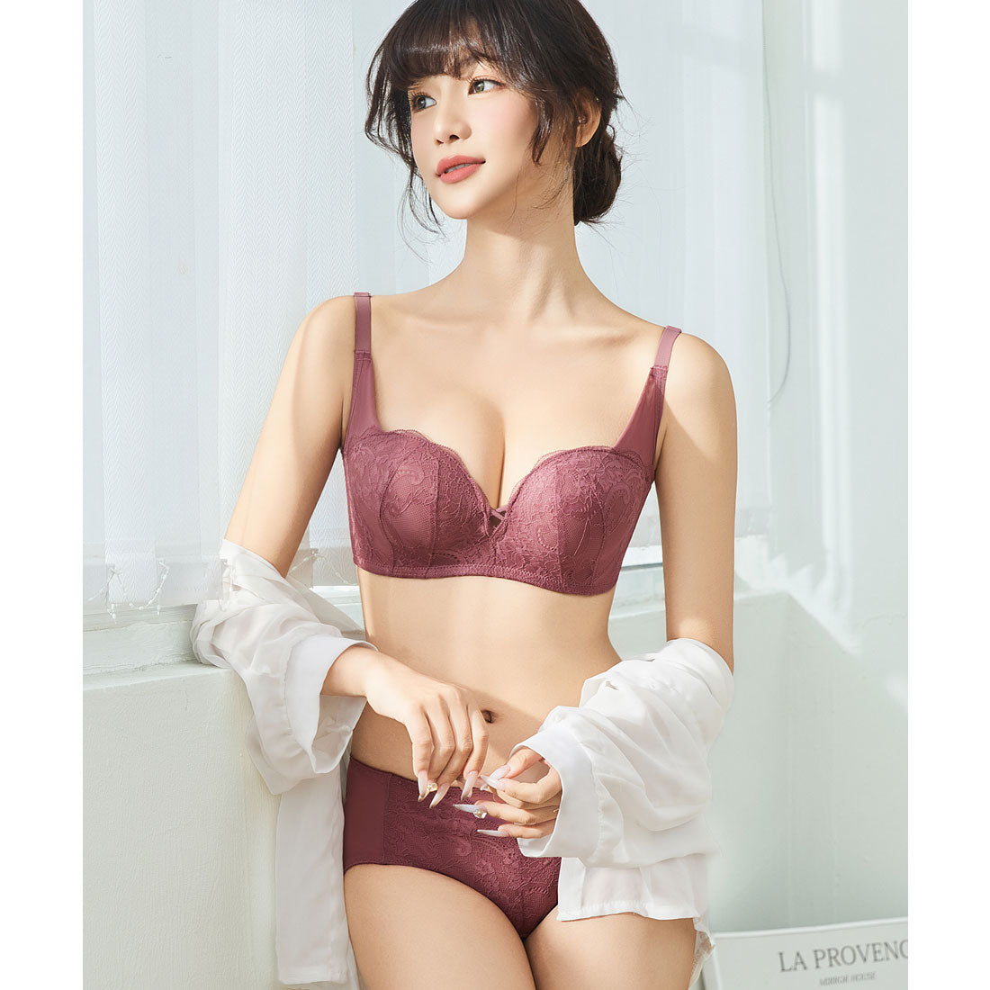 レースレディース Lace Ladies ソリッドカラー センター クロス ブラジャー&ショーツ セット (ワインレッド) ワインレッド