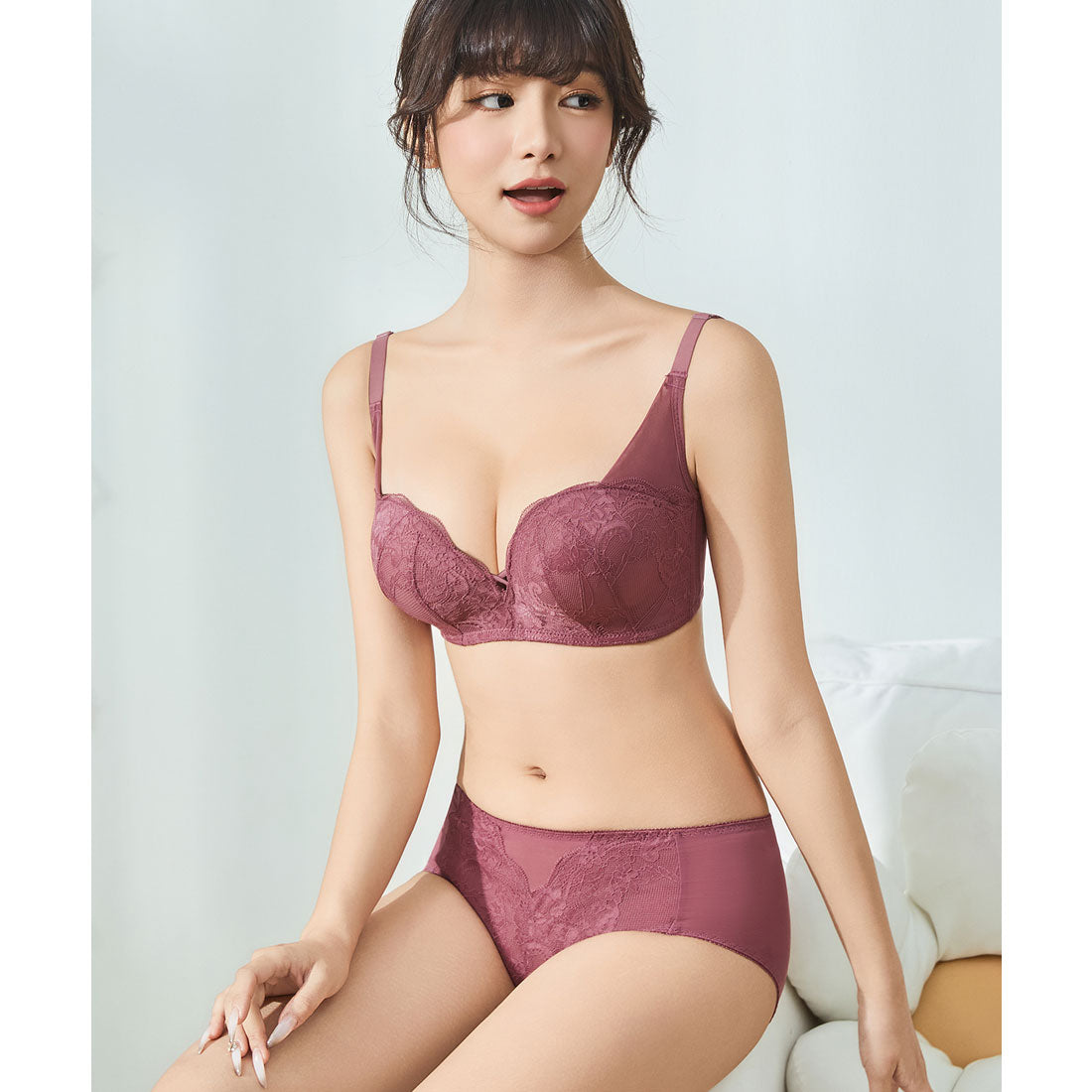 レースレディース Lace Ladies ソリッドカラー センター クロス ブラジャー&ショーツ セット (ワインレッド) ワインレッド