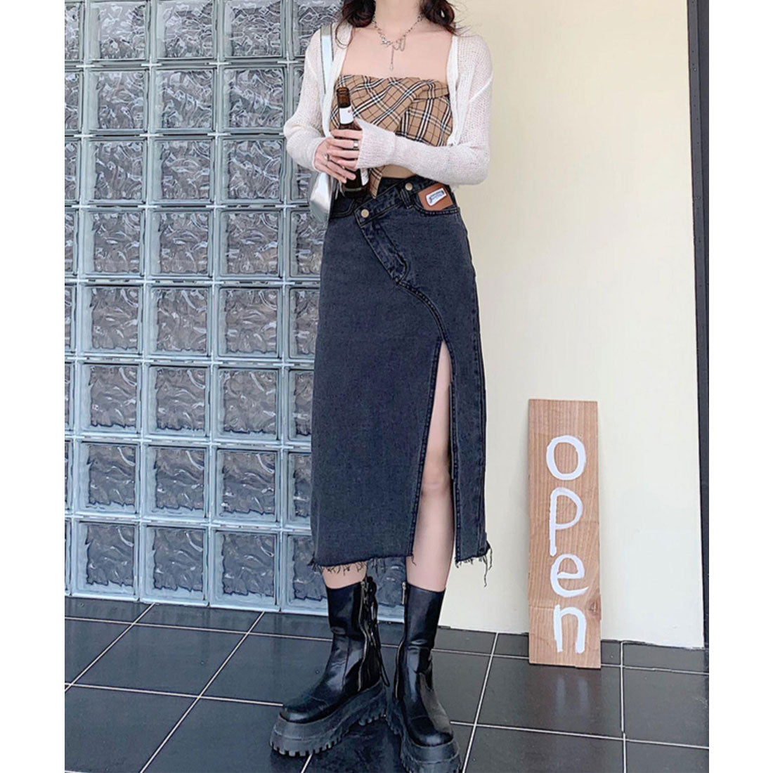 レースレディース Lace Ladies クロス ウエスト スリット ロング デニム スカート (ブラック) ブラック