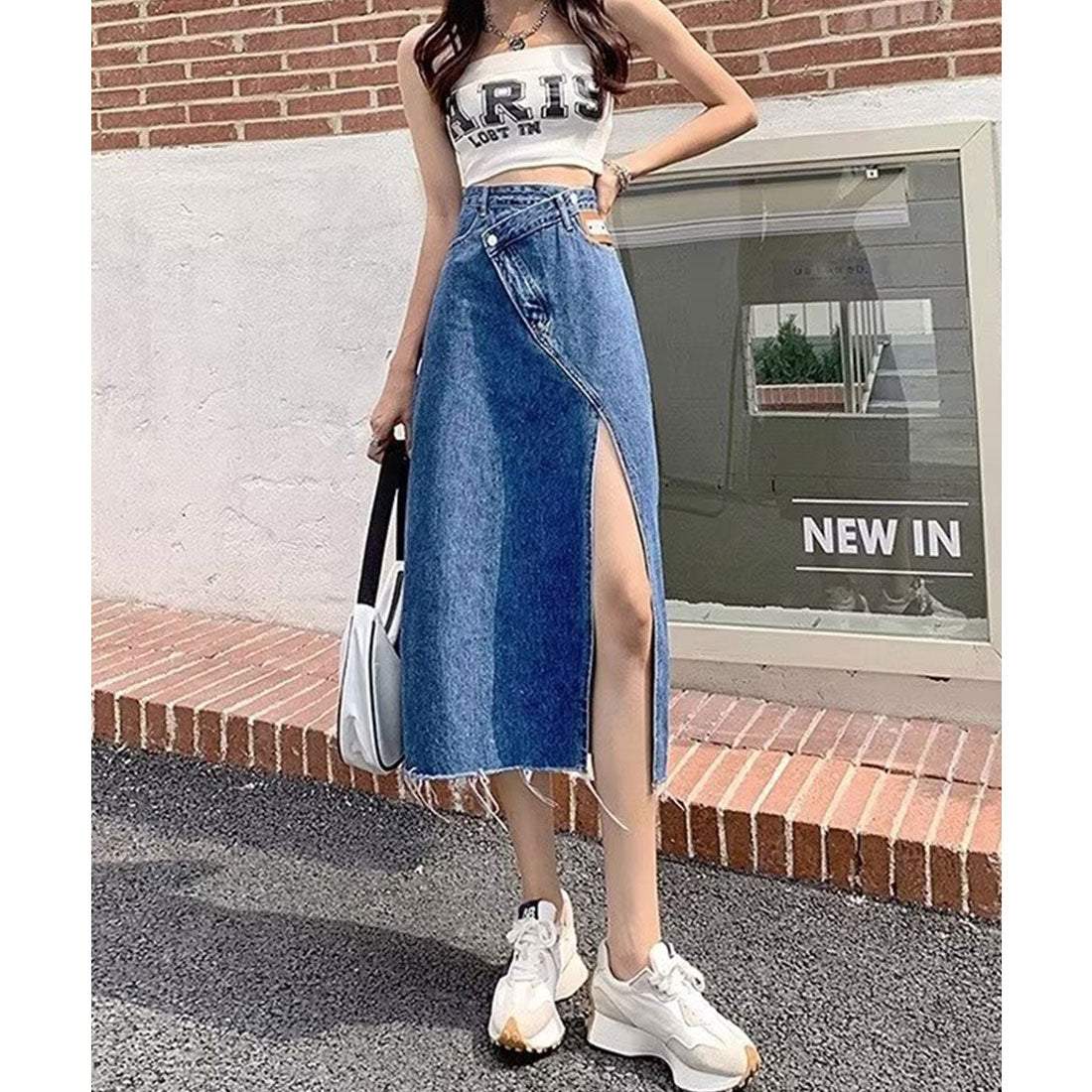 レースレディース Lace Ladies クロス ウエスト スリット ロング デニム スカート (ブルー) ブルー