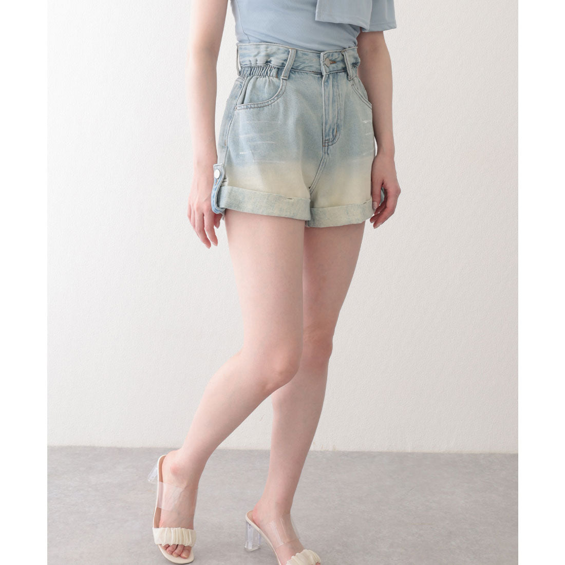 レースレディース Lace Ladies グラデーション ハイウエスト ロールアップ ショート デニムパンツ (ブルー) ブルー