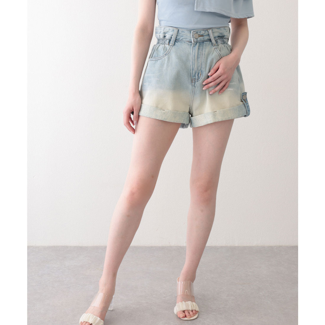 レースレディース Lace Ladies グラデーション ハイウエスト ロールアップ ショート デニムパンツ (ブルー) ブルー