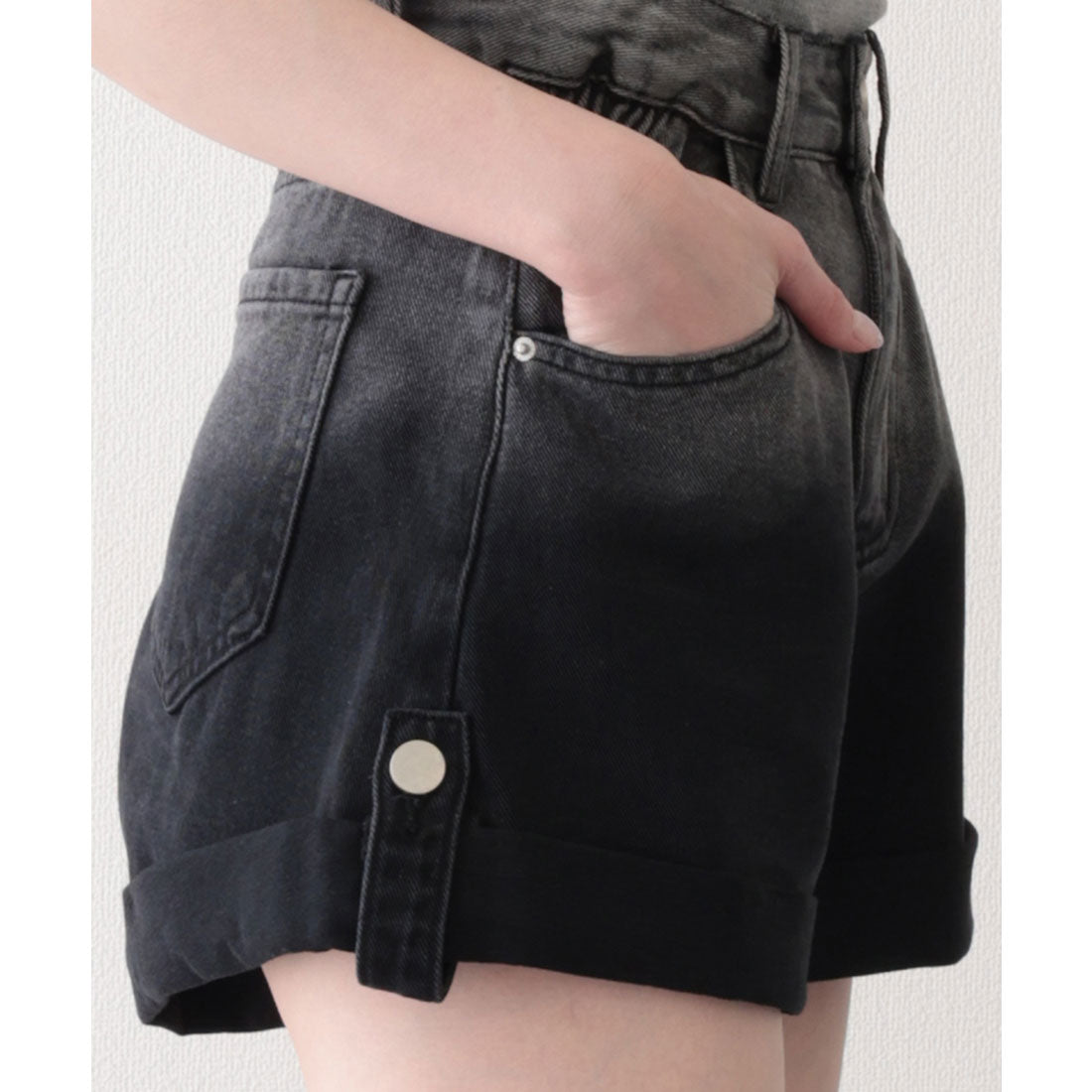 レースレディース Lace Ladies グラデーション ハイウエスト ロールアップ ショート デニムパンツ (ブルー) ブルー