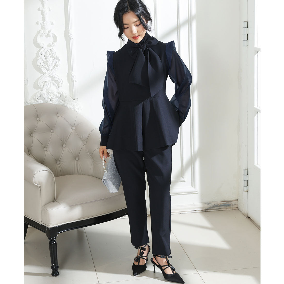 レースレディース Lace Ladies スタンドカラー ボウタイリボン ペプラム ドッキング セットアップ (ネイビー) ネイビー