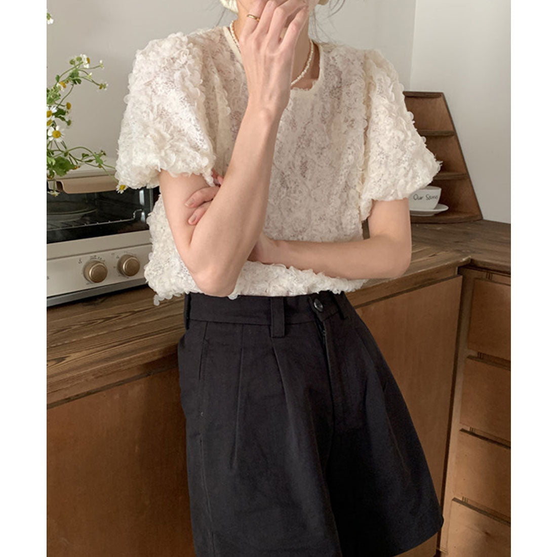 レースレディース Lace Ladies フラワー ジャガード クルーネック パフスリーブ プルオーバー (アイボリー) アイボリー