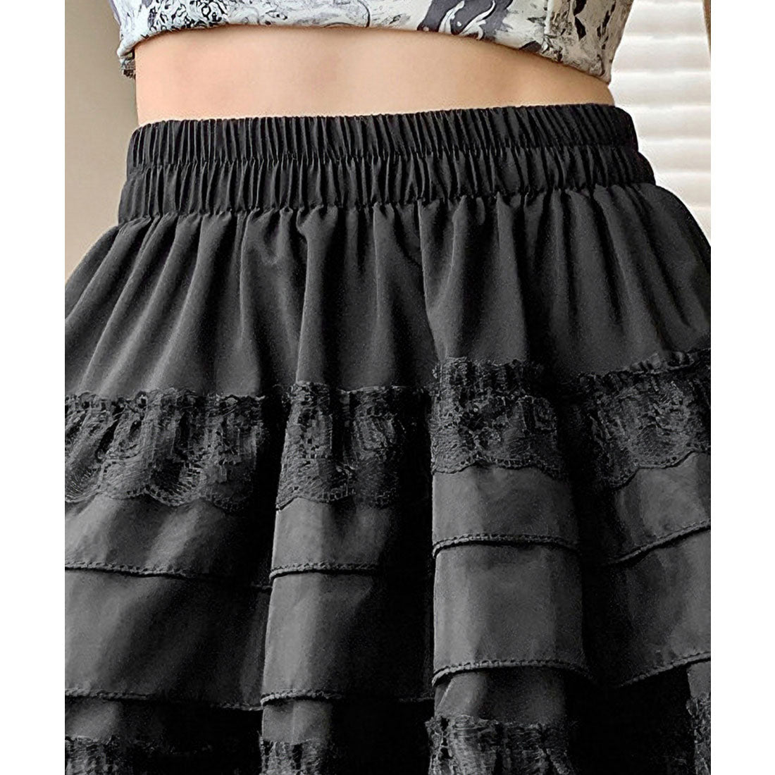 レースレディース Lace Ladies ティアード レース ギャザー ミニ スカート (ブラック) ブラック