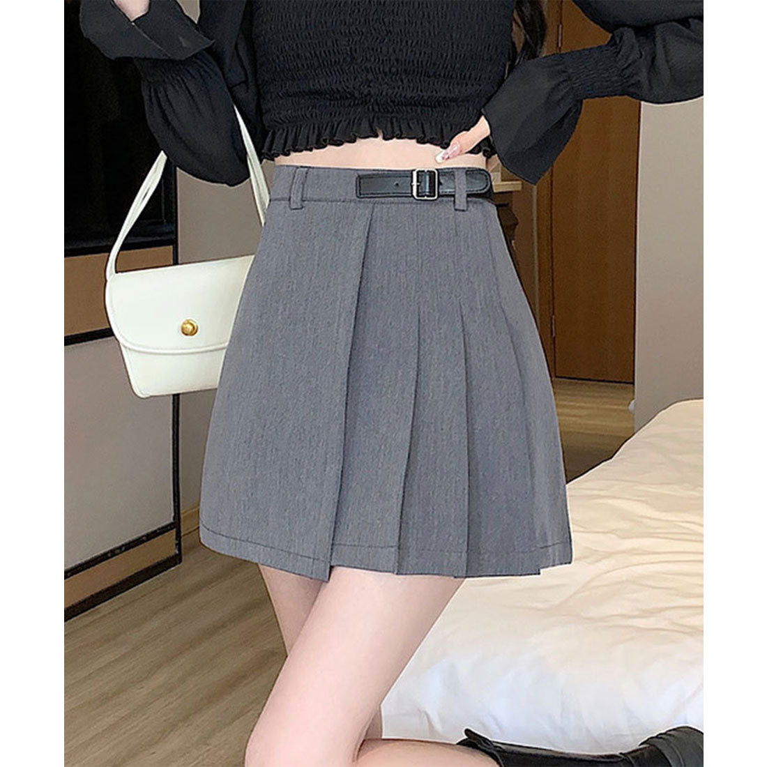 レースレディース Lace Ladies ベルト付き アシメ プリーツ ミニ スカート (グレー) グレー