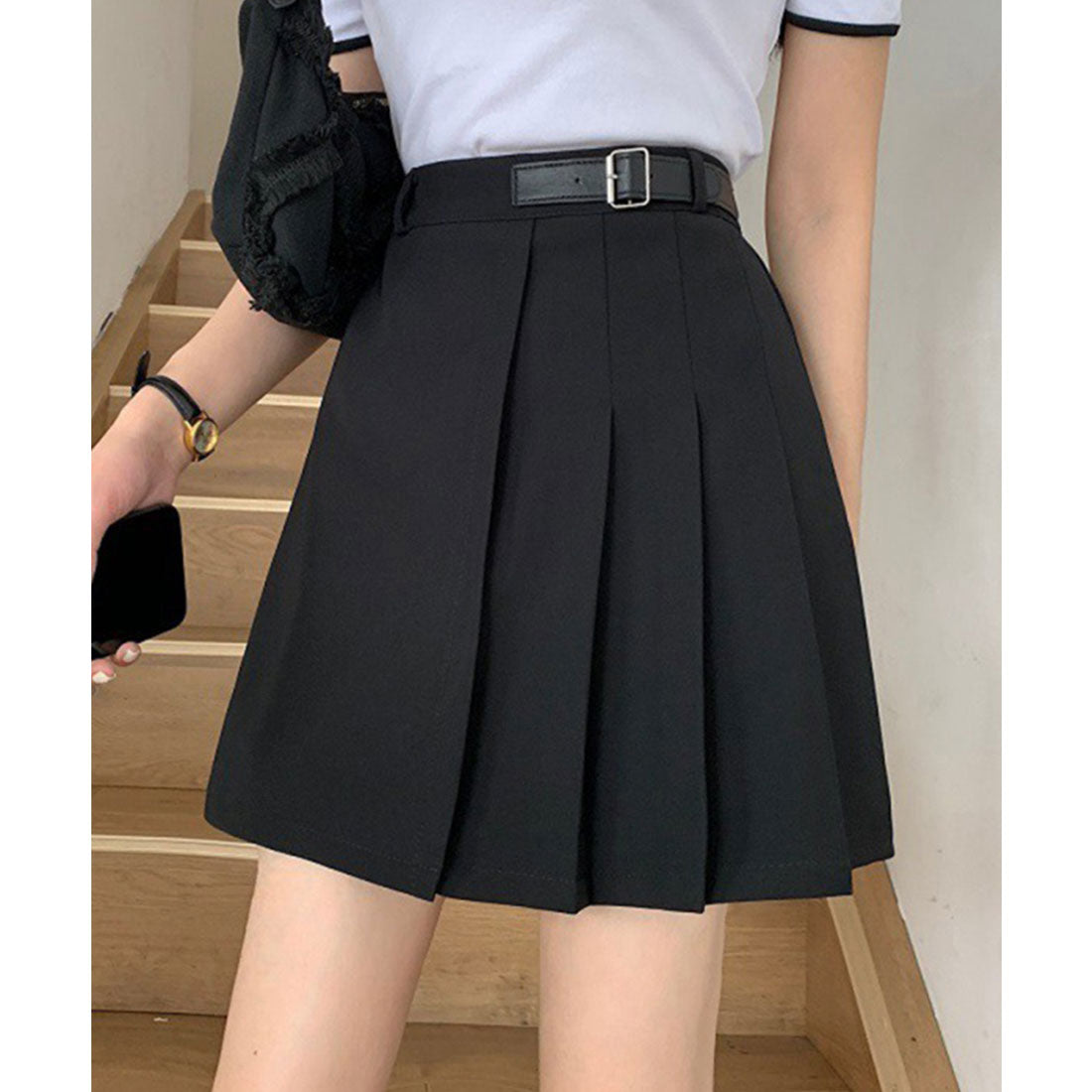レースレディース Lace Ladies ベルト付き アシメ プリーツ ミニ スカート (ブラック) ブラック