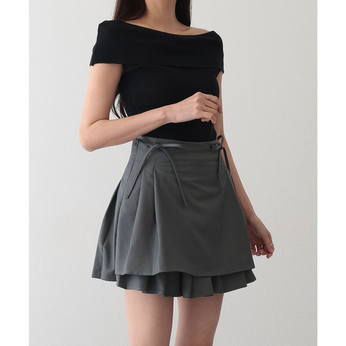 レースレディース Lace Ladies サイドリボン プリーツ デザイン フレア ミニ スカート (グレー) グレー