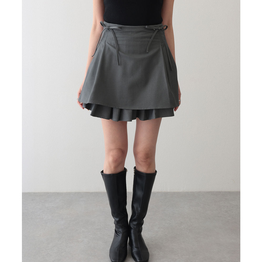 レースレディース Lace Ladies サイドリボン プリーツ デザイン フレア ミニ スカート (グレー) グレー