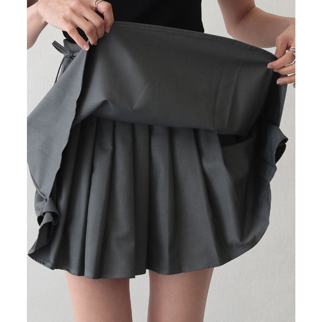 レースレディース Lace Ladies サイドリボン プリーツ デザイン フレア ミニ スカート (グレー) グレー