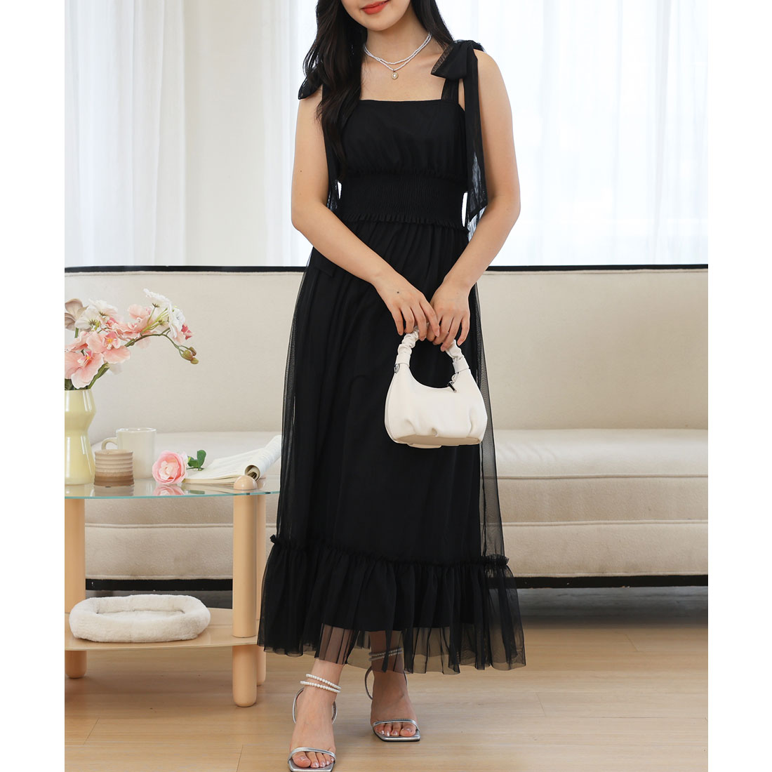 レースレディース Lace Ladies 肩リボン チュール ウエスト シャーリング ロング ドレス (ブラック) ブラック