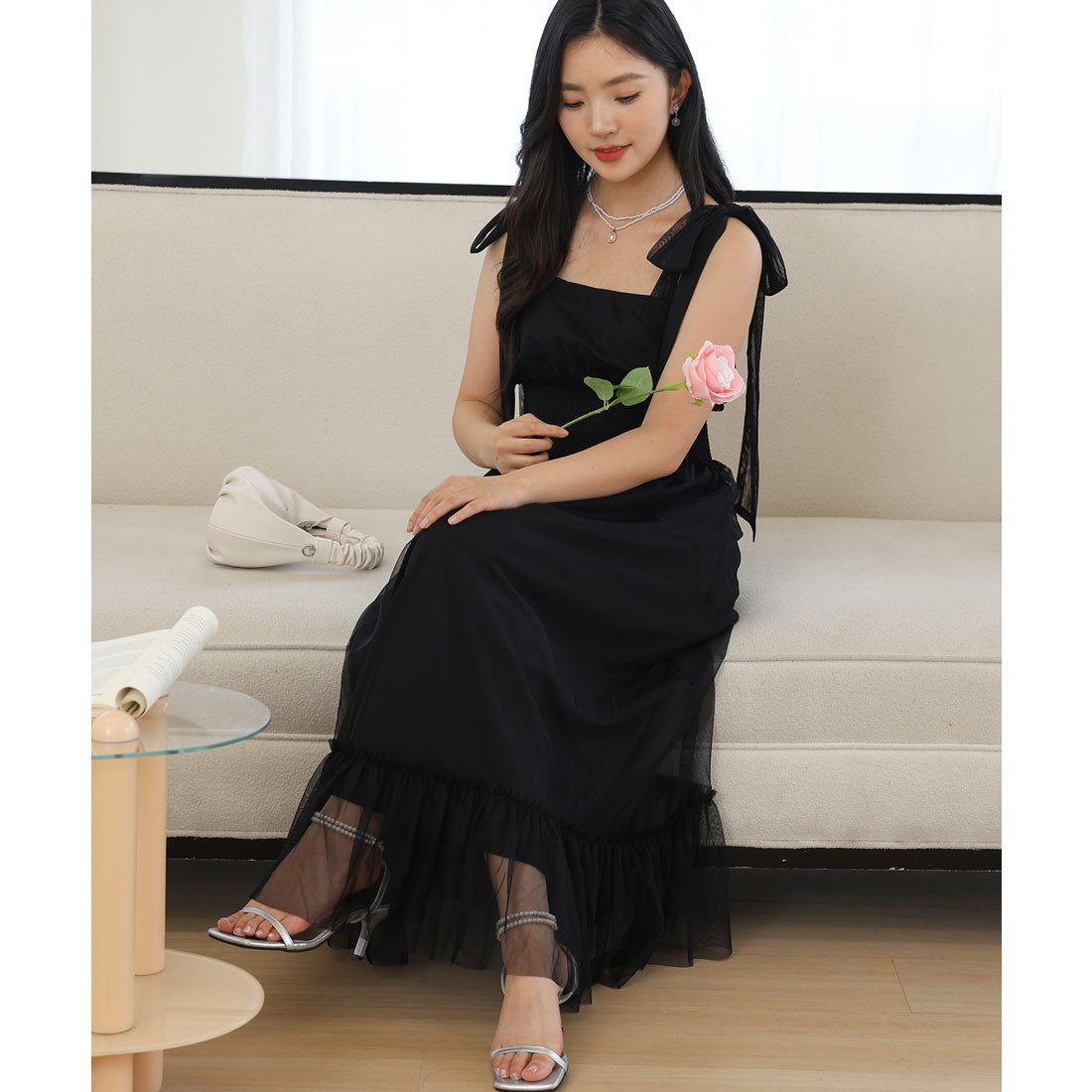 レースレディース Lace Ladies 肩リボン チュール ウエスト シャーリング ロング ドレス (ブラック) ブラック