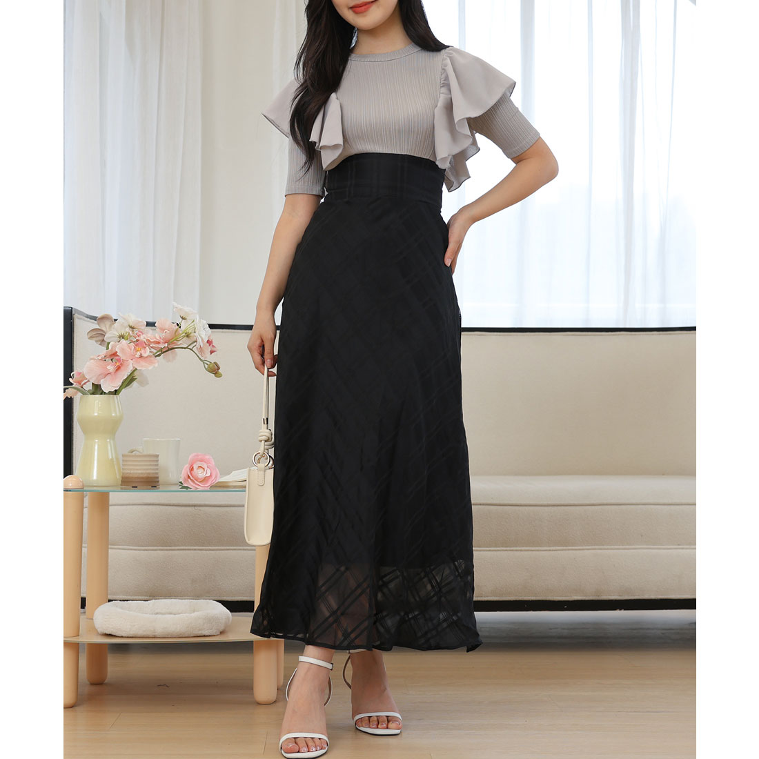 レースレディース Lace Ladies ショルダー フリル シアー チェック ドッキング ワンピース (ブラック) ブラック