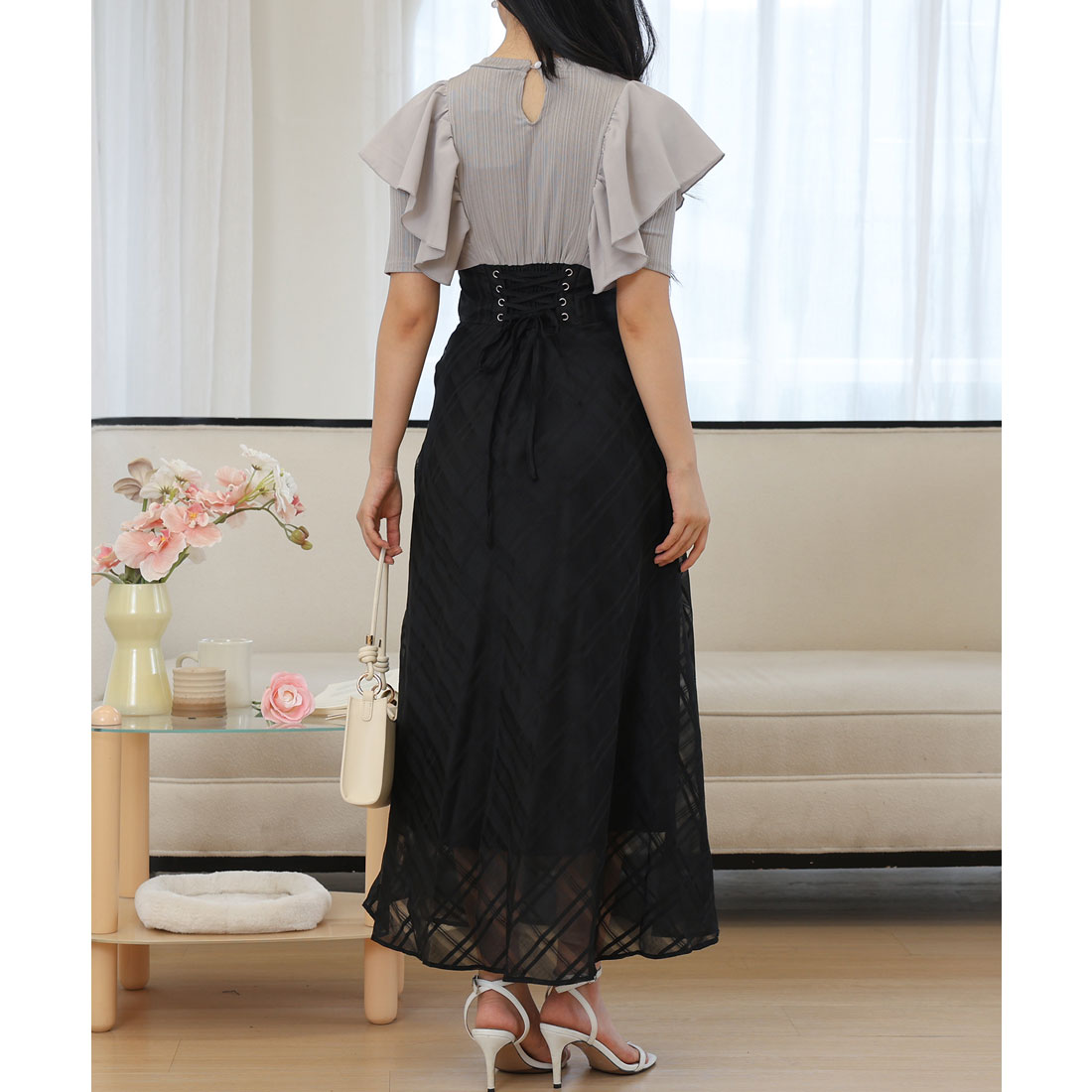 レースレディース Lace Ladies ショルダー フリル シアー チェック ドッキング ワンピース (ブラック) ブラック