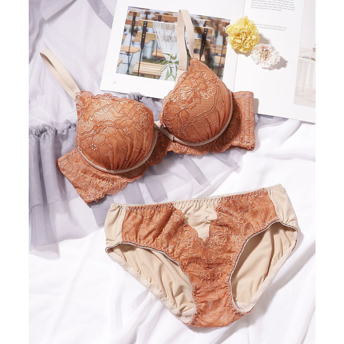 レースレディース Lace Ladies フラワー レース 配色 ブラジャー&ショーツ セット【返品不可商品】 (オレンジ) オレンジ