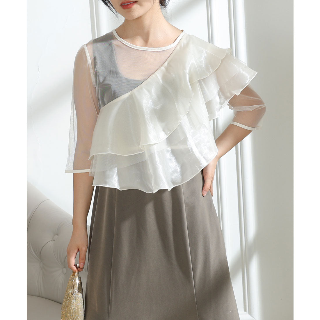 レースレディース Lace Ladies ベロア シアー フリルケープ付き ノースリーブ ドレス 3点セット (オリーブ) オリーブ