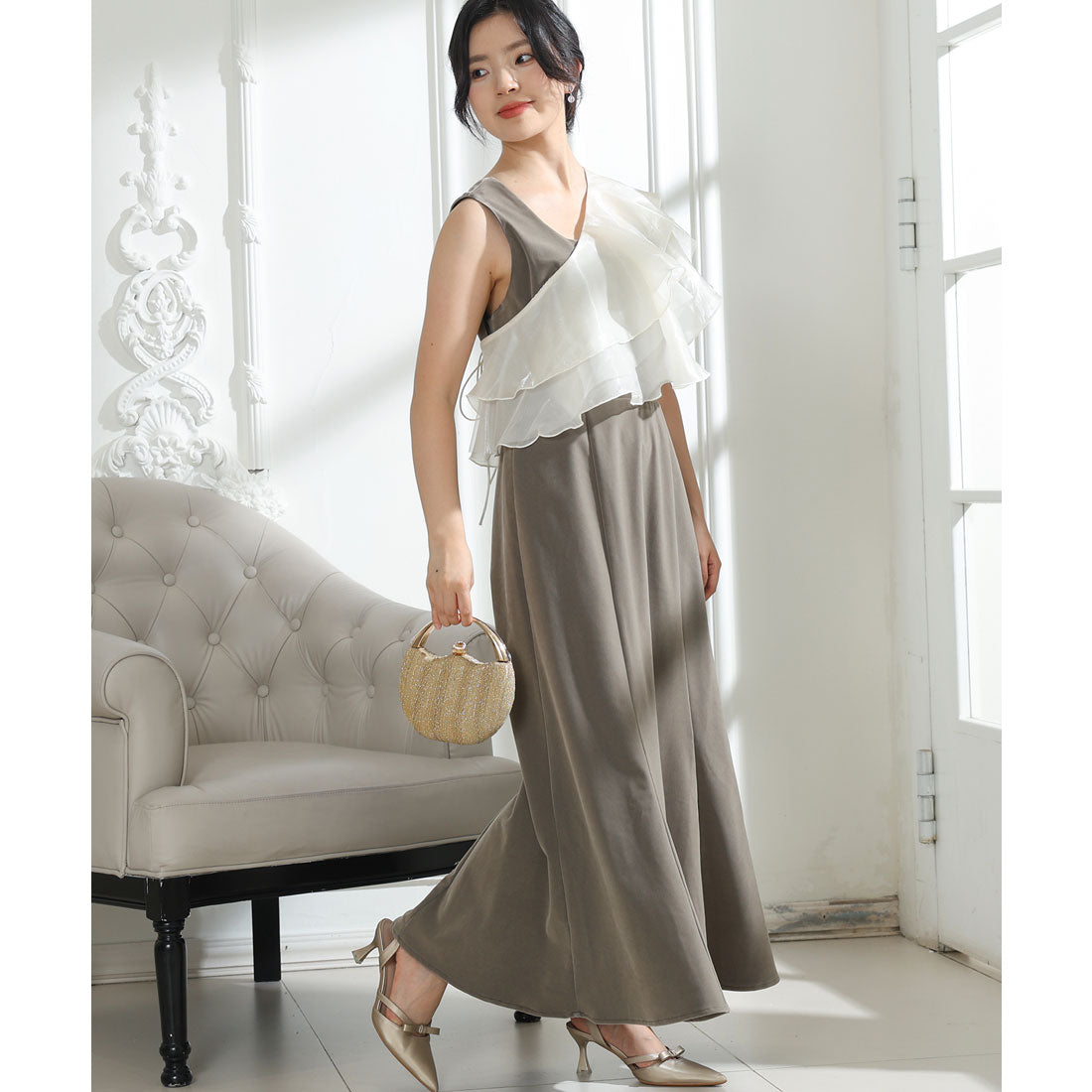 レースレディース Lace Ladies ベロア シアー フリルケープ付き ノースリーブ ドレス 3点セット (オリーブ) オリーブ