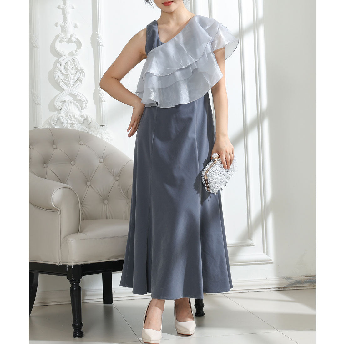 レースレディース Lace Ladies ベロア シアー フリルケープ付き ノースリーブ ドレス 3点セット (ブルーグレー) ブルーグレー