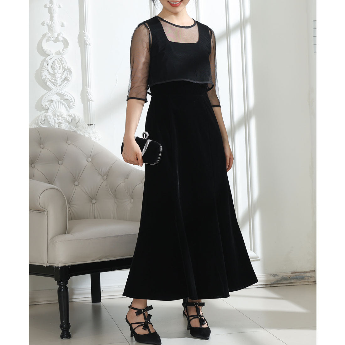 レースレディース Lace Ladies ベロア シアー フリルケープ付き ノースリーブ ドレス 3点セット (ブラック) ブラック