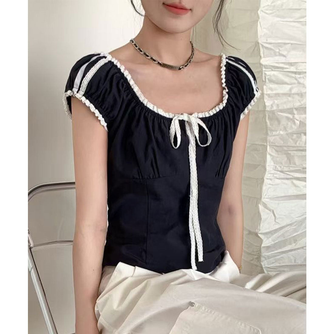 レースレディース Lace Ladies フロント リボン レース パフスリーブ カットソー (ネイビー) ネイビー