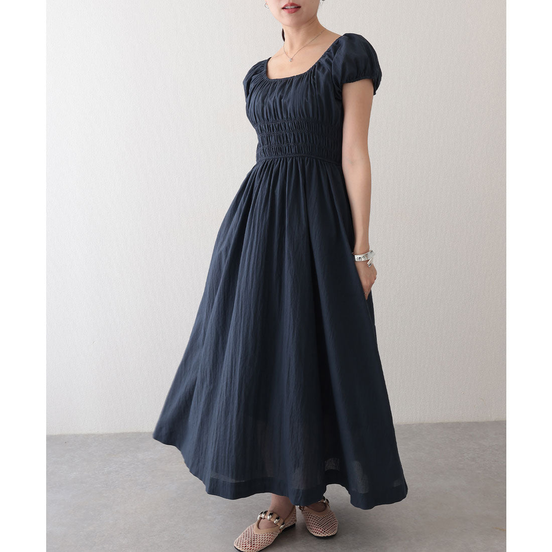 Lace Ladies Square Neck Wash Processing Gather Waist Shirring Dress Lace Ladies Square Neck Wash Processing Gather Waist Shirring Dress
