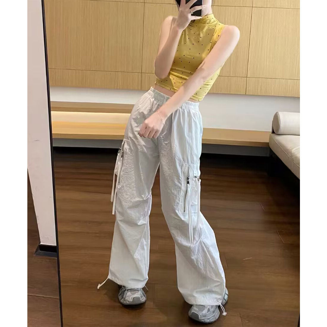 レースレディース Lace Ladies ファスナー ストラップ付き タック ワイド パラシュート パンツ (アイボリー) アイボリー