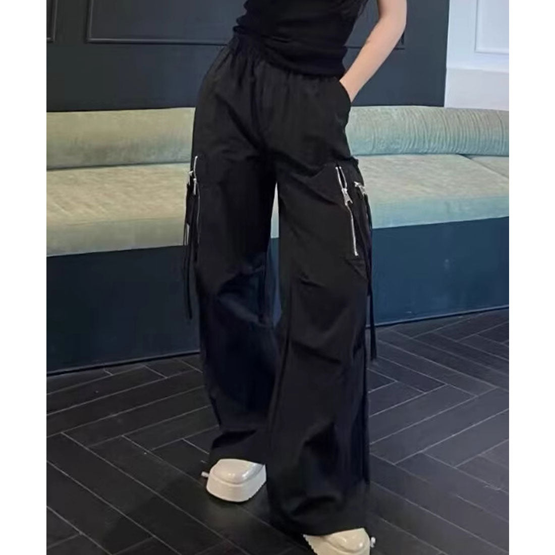 レースレディース Lace Ladies ファスナー ストラップ付き タック ワイド パラシュート パンツ (ブラック) ブラック