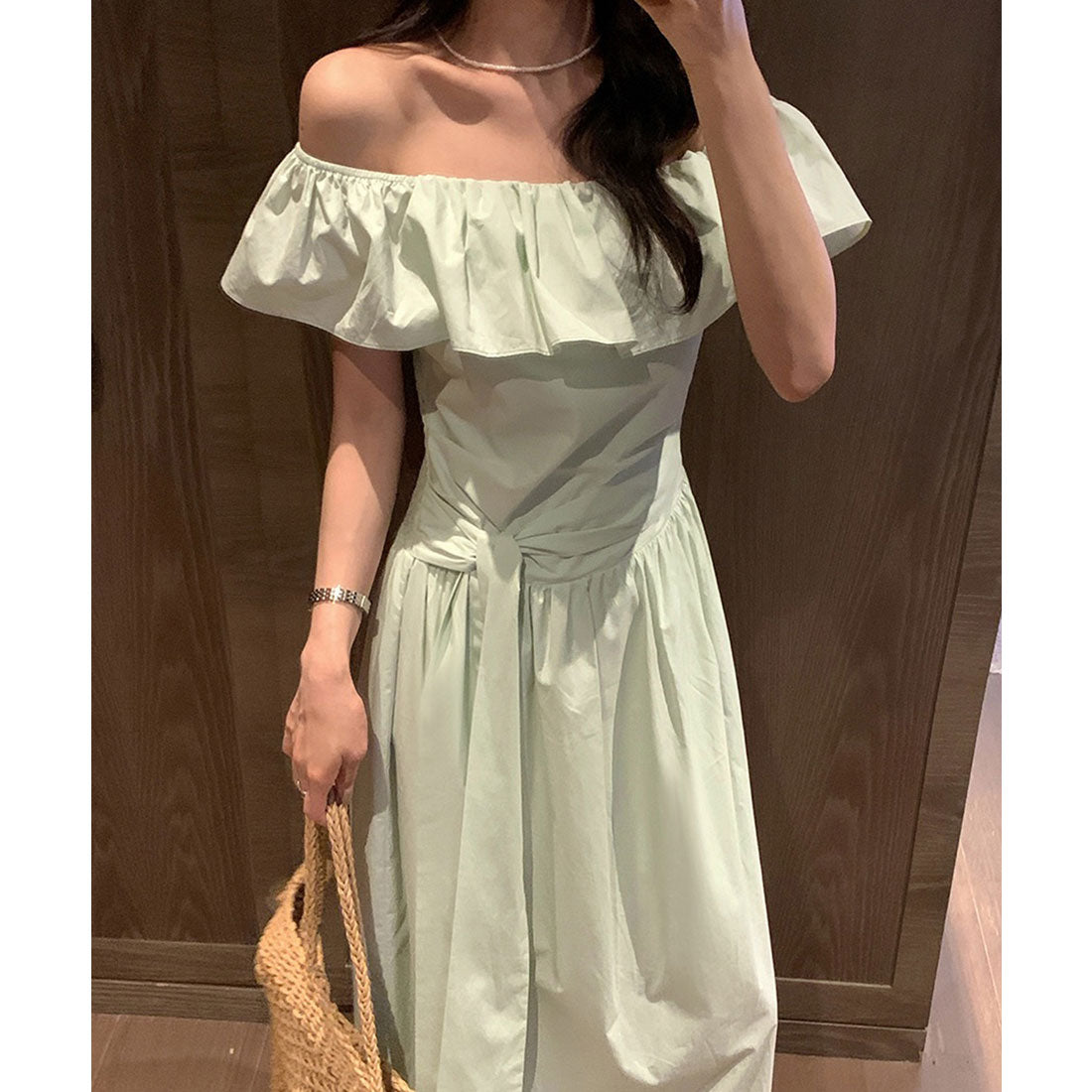 レースレディース Lace Ladies フリル ウエストリボン オフショル ロング ワンピース (ミント) ミント