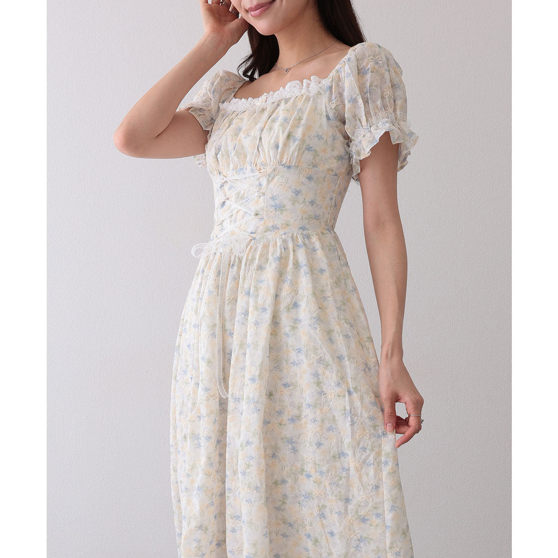 レースレディース Lace Ladies フロント レースアップ 花柄 ギャザー ワンピース (ブルー) ブルー