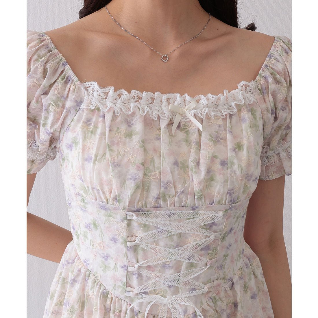 レースレディース Lace Ladies フロント レースアップ 花柄 ギャザー ワンピース (ブルー) ブルー