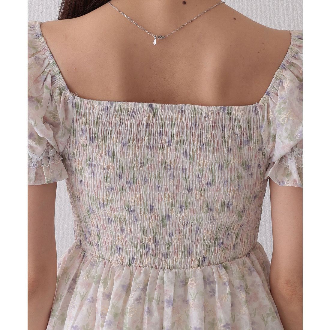 レースレディース Lace Ladies フロント レースアップ 花柄 ギャザー ワンピース (ブルー) ブルー