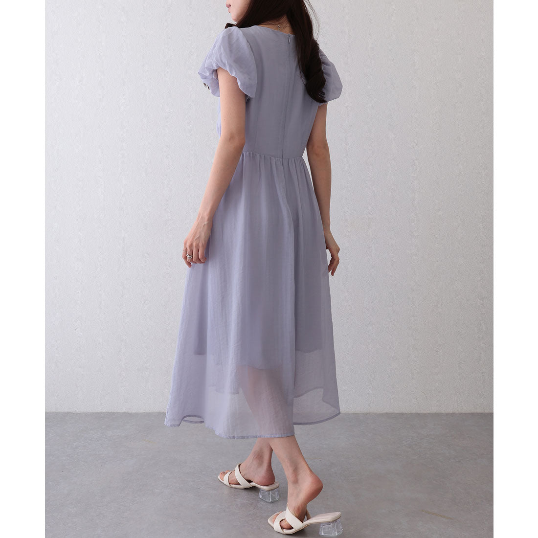 レースレディース Lace Ladies フロント ギャザー リボン パフスリーブ ワンピース (ラベンダー) ラベンダー