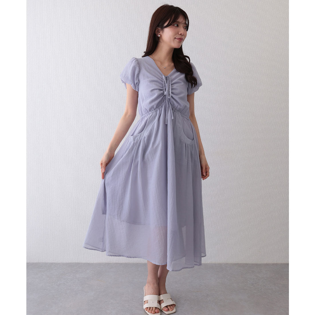 レースレディース Lace Ladies フロント ギャザー リボン パフスリーブ ワンピース (ラベンダー) ラベンダー