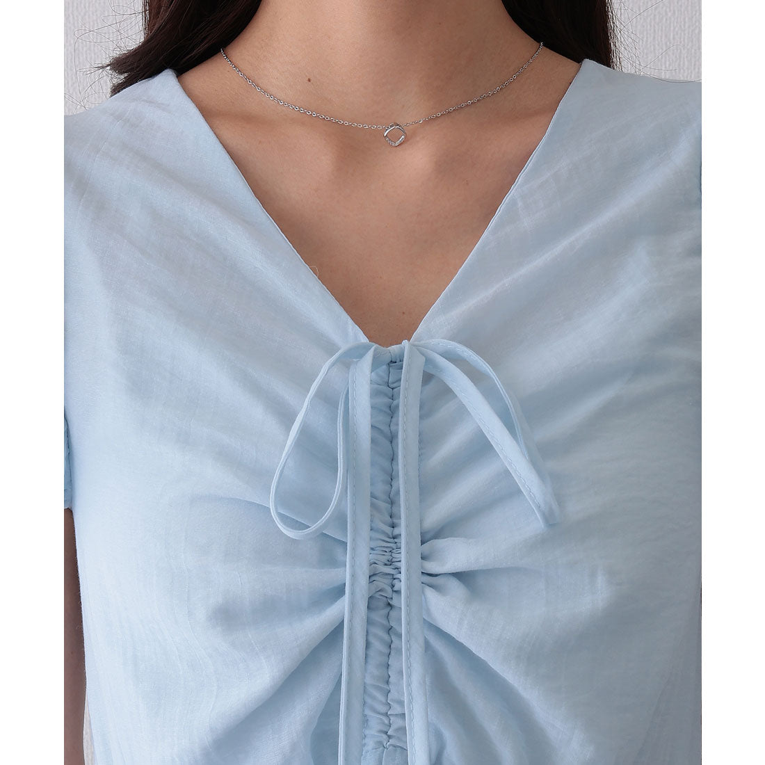 レースレディース Lace Ladies フロント ギャザー リボン パフスリーブ ワンピース (ラベンダー) ラベンダー