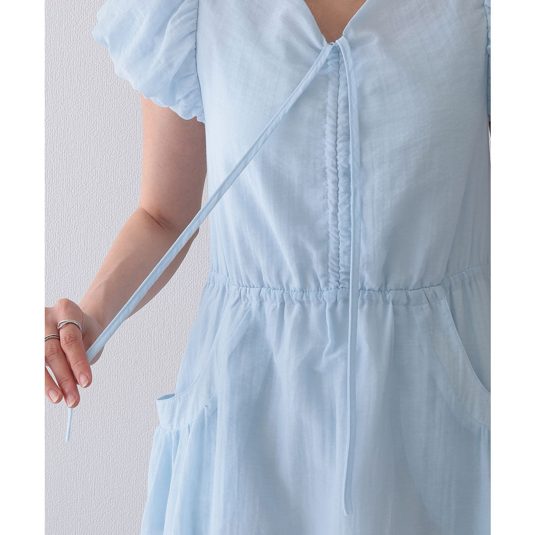 レースレディース Lace Ladies フロント ギャザー リボン パフスリーブ ワンピース (ラベンダー) ラベンダー