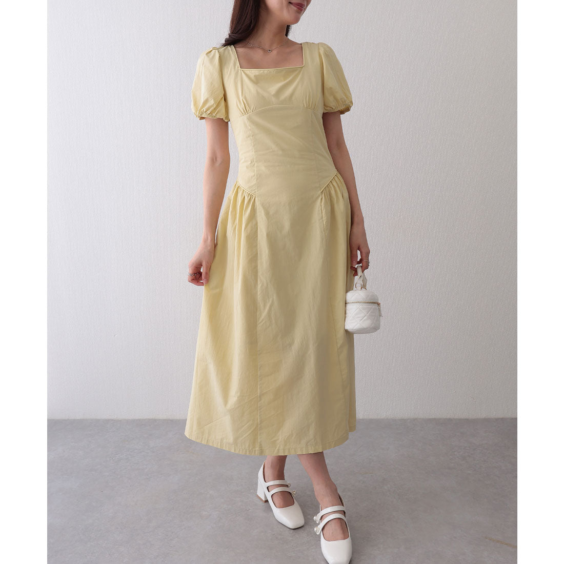 ladies square neck dress Lace Ladies Solid Color Square Neck Puff Sleeve Gathered Dress